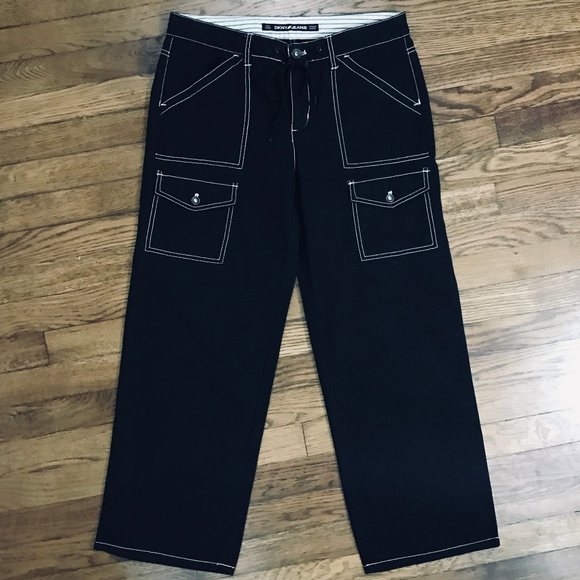 Dkny Denim - DKNY Black Wide Cropped Cargo Jean White Stitching